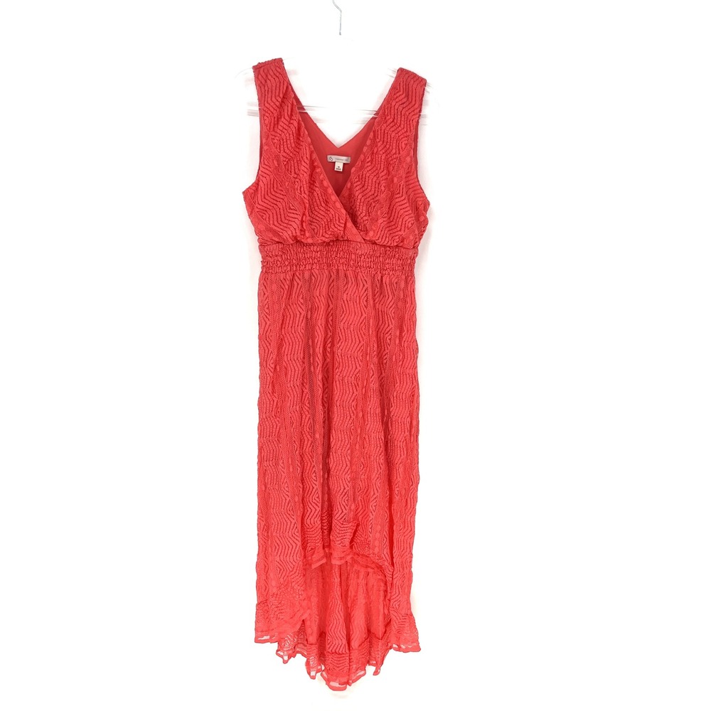 DB Coral Lace Maxi Y2K Babydoll Dress Size 14 High Low Surplice Smocked